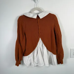 Maeve Anthropologie Textured Twofer Peter Pan Collared Sweater Orange Womens LP thumbnail 9