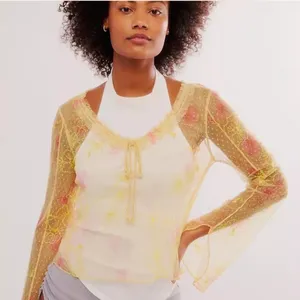 Free People Intimately Postcard From Paris Long Sleeve Top M Yellow Floral Lace thumbnail 1