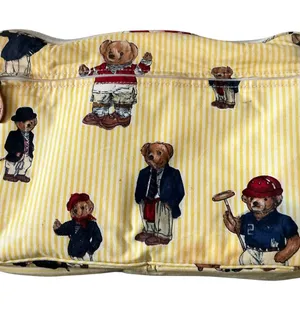 Vintage Ralph Lauren Polo Bear cosmetic travel bag yellow white pinstriped thumbnail 1