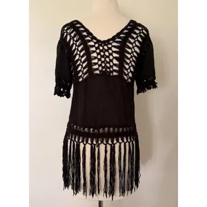 Black Crochet Open Work Yoke Fringe Tassel Hem Boho Witchy Festival Tunic Top thumbnail 2