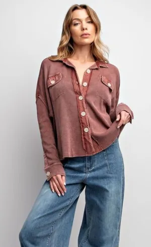 Easel Wine Mineral Washed Oversized‎ Long Sleeve Button Down Thermal Shirt thumbnail 1
