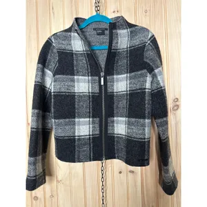 Armani Exchange 100% Wool Black Plaid Full Zip Jacket Cabincore Womens Sz S thumbnail 2