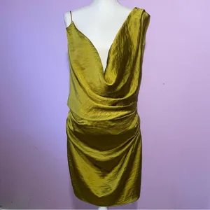 PRETTY LITTLE THING x Naomi Campbell Chartreuse Satin Extreme Cowl Bodycon Dress thumbnail 3