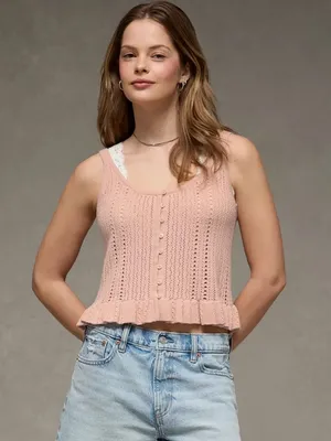American Eagle Pointelle Knit Tank Women Small Pink Cotton Button Front NWT thumbnail 1