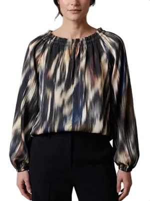 NWOT S H&M Multi-Color Women’s Smocked Neck Long Sleeve Blouse Business Casual thumbnail 1