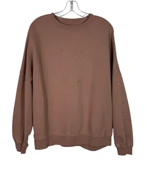 Playboy X Pacsun Brown Rhinestone Bunny Logo Oversized Fleece Sweatshirt Small S thumbnail 1