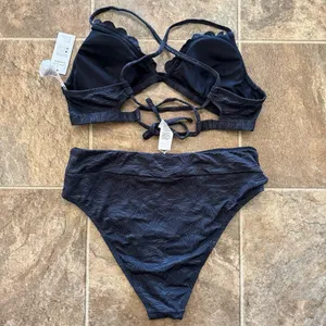 Cupshe Black Floral Jacquard Scalloped Bralette & High Waist Bikini Set Large thumbnail 5