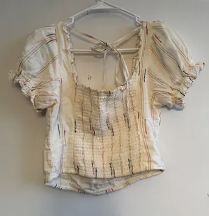 Free People Ivory Multicolor‎ Striped Smocked Puff Sleeve Crop Top XS thumbnail 1