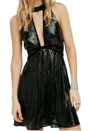 EUC Free People Film Noir Sequined Halter Mini Dress Black Size 4 thumbnail 1