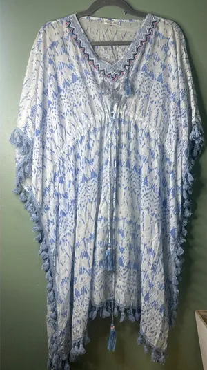 Debbie Katz South Beach Womens M Boho Beach Cover Up Tunic Tie Fringe Hem Resort thumbnail 1