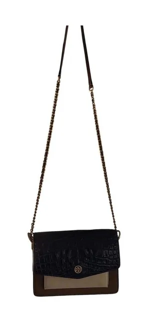 Tory Burch Black Brown Croc Embossed Leather ChainCrossbody Bag Colorblock Purse thumbnail 1