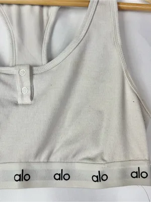 ALO Yoga Cream Icon Ribbed Henley Athletic Bra M thumbnail 4