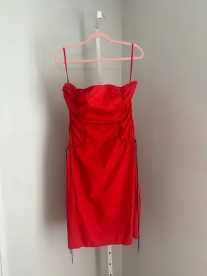 Staud Romina Dress Strapless Ruched Tomato Red Midi Dress Women’s Size 12 thumbnail 3