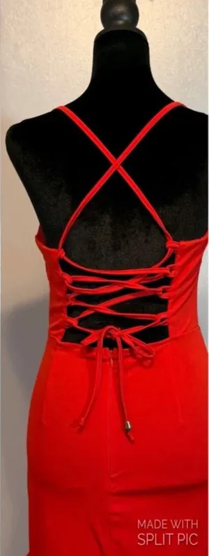 Red Lace Up Back Bodycon Ruffle Hem Spaghetti Strap Mini Cocktail Date Night thumbnail 1