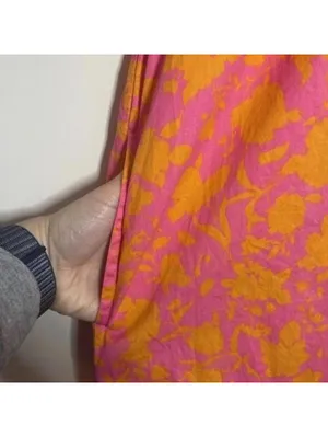 Free Assembly Pink and Orange Floral Shirred Short Sleeve Dress Pockets thumbnail 8