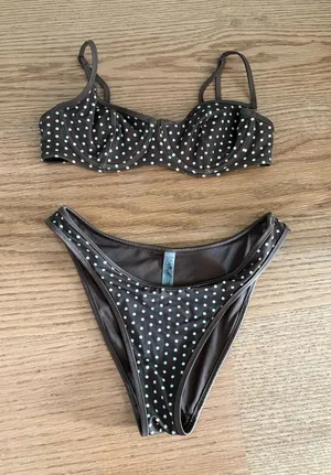 Frankie's Bikinis Brown and White Polka Dot Balconette Bikini thumbnail 1