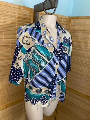 Cabrais woman’s vintage 90s short sleeve button down shirt blouse abstract blue thumbnail 2