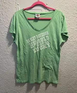 Harley Davidson You Should Be So Lucky Green V-Neck T-Shirt Woman’s Size Large thumbnail 1