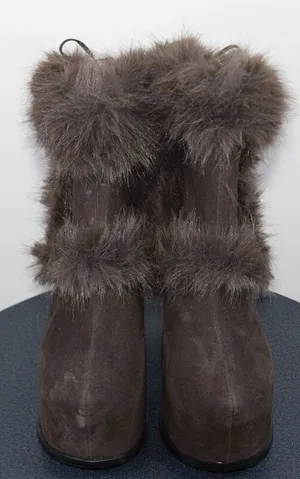 Dolls Kill Fur Trim Suede Platform Boots Brown Chunky Heel Mid-Calf, Size 10 thumbnail 1
