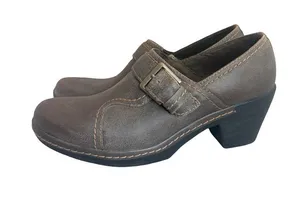 Clarks Bendables Freesia Clog Shoes Low Heel Buckle Leather Light Brown Size 8 thumbnail 1