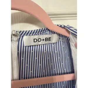 DO+BE Blue/White Boutique Pinstripe Ruffled Sleeve Plunge Top, S thumbnail 4