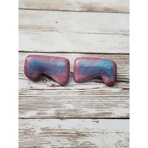 Vintage Clip On Earrings - Unusual Shape Blue & Pink Tones 1.25" thumbnail 2