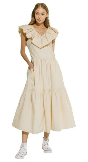 English Factory Dress Women Small Beige‎ Ruffled Neck Sleeveless Midi NWT Boho thumbnail 1