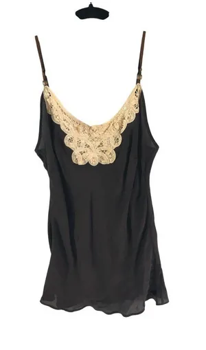 Kenneth Cole Brown Silk Cami Top With Cream Lace Trim Size 10 thumbnail 1