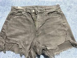 American Eagle Black Distressed Denim Shorts with Frayed Hem thumbnail 2