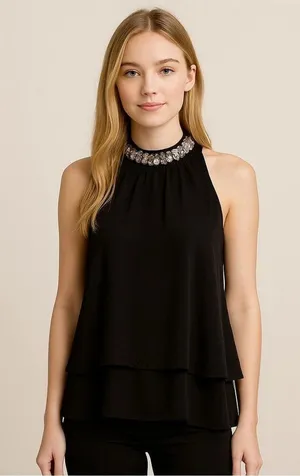 Vintage Black modest sleeveless top with sequin sparkly collar • evening wear thumbnail 1