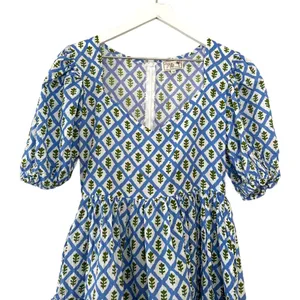 Mille Aneli Blue & Green Block Print Puff Sleeve Mini Dress Size XS thumbnail 5