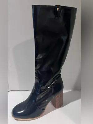 Leila Stone Vegan Black Patent Leather Cynira Knee-High Boots Block Heel Size 10 thumbnail 9