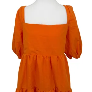 OWNGIGI Mini Dress Women XL Orange Excellent Tiered Puff Sleeve Tie Back Cotton thumbnail 2