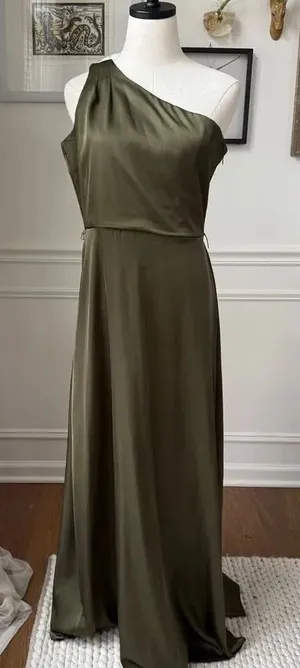 Nicole Miller Satin Olive Ivy Green One Shoulder Dress Size 4 S thumbnail 1