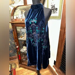 Free People Velvet Embroidered Halter Mini Dress Navy Blue Floral Sequin thumbnail 5