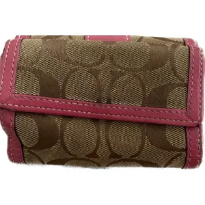 Coach Beige/Pink Signature Canvas And Leather Compact Wallet‎ thumbnail 4