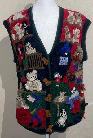 Heirlooms Womens Size S Vintage Green Christmas Sweater Vest Handknit Teddy Bear thumbnail 1