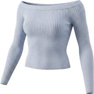 Aerie Off Shoulder Womens Light Blue Ribbed Slim Coquette Softgirl Sweater Large thumbnail 1