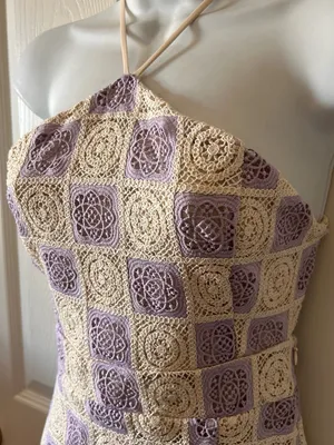 Anthropologie FORE‎ COLLECTION Lilac/Cream Checkered Crochet Halter Dress Autumn Wedding Guest thumbnail 8