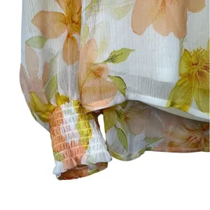 Joie Floral Sheer Blouse Womens Size L Peach Yellow Long Sleeve Tie Neck thumbnail 4