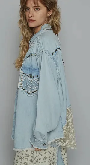 POL Light Wash Denim Button Down Top Shirt Studded Western Lace Trim Small S thumbnail 1