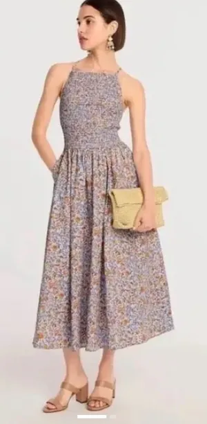 J.Crew Liberty Meadow Song Floral Smocked Cotton Poplin Midi Dress Blue Medium thumbnail 1