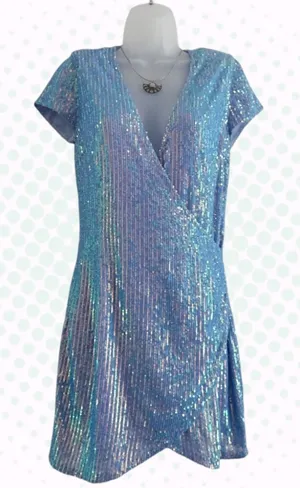 Likely Light Blue Sequin V-Neck Mini Wrap Dress Size S thumbnail 1