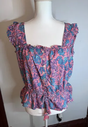 Simply Southern Pink Seahorse Print Ruffle Peplum Cotton Top Womens Medium thumbnail 1