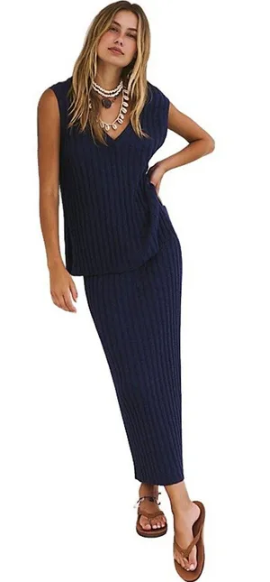 Small FP Free People Beach Veda Navy Ribbed V-Neck Sweater Vest Tank Top thumbnail 1