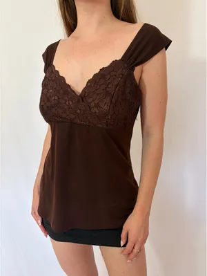Dark Brown Cap Sleeve Lace Y2k Milkmaid Top thumbnail 2