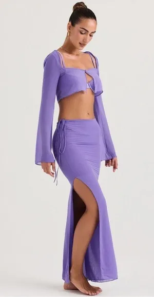 NWT House Of CB Maxi Skirt Amalfi Violet Cut Out Mermaid Vacation Beach Flowy thumbnail 1