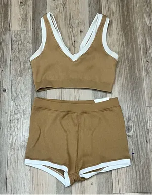 NWT Aerie 2- piece tan ribbed bootyshorts sports bra sz Medium Large shortie thumbnail 1
