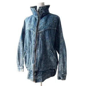 Vintage ‘80s Medium Wash Studded High Collar Full Zip Denim Jacket w/ Pockets thumbnail 3