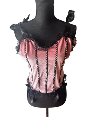 Goth Velvet Pink Black Lace Frill Cami XL Corset Style Sweetheart Top Chic thumbnail 1